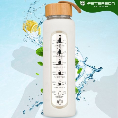 Butelka na wodę 960ml szklana z silikonową osłoną beżowa z miarką motywacyjną - Peterson
