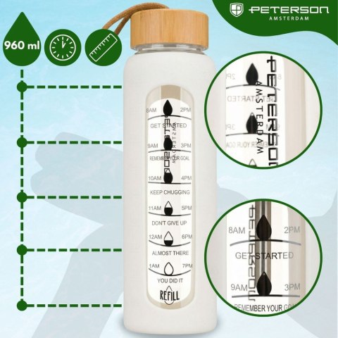 Butelka na wodę 960ml szklana z silikonową osłoną beżowa z miarką motywacyjną - Peterson