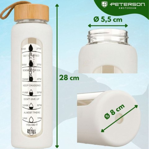 Butelka na wodę 960ml szklana z silikonową osłoną beżowa z miarką motywacyjną - Peterson