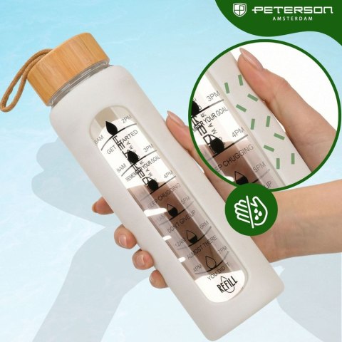 Butelka na wodę 960ml szklana z silikonową osłoną beżowa z miarką motywacyjną - Peterson
