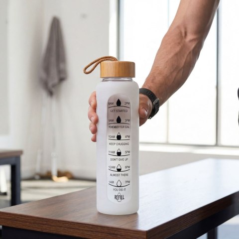 Butelka na wodę 960ml szklana z silikonową osłoną beżowa z miarką motywacyjną - Peterson