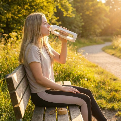 Butelka na wodę 960ml szklana z silikonową osłoną beżowa z miarką motywacyjną - Peterson