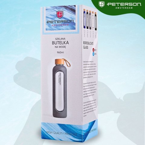 Butelka na wodę 960ml szklana z silikonową osłoną beżowa z miarką motywacyjną - Peterson