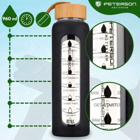 Butelka na wodę szklana motywacyjna osłona silikonowa czarna 960ml - Peterson