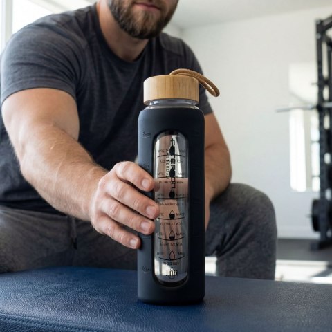 Butelka na wodę szklana motywacyjna osłona silikonowa czarna 960ml - Peterson