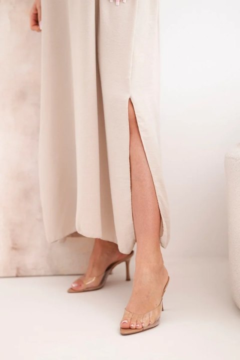 Sukienka letnia długa na ramiączka ciemno beżowa włoska