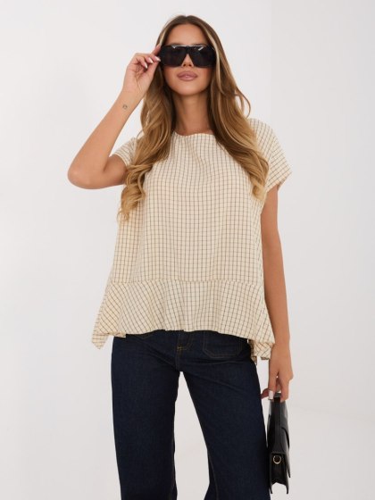 Beżowa bluzka damska oversize w kratkę z lyocellem i falbaną – Italy Moda