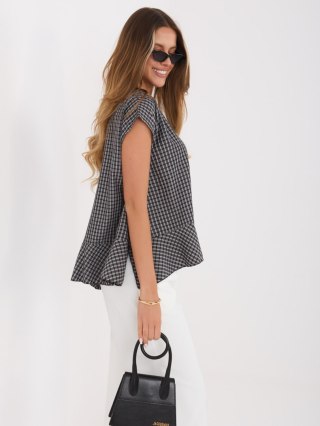 Czarna bluzka damska oversize w kratkę z falbaną – Italy Moda