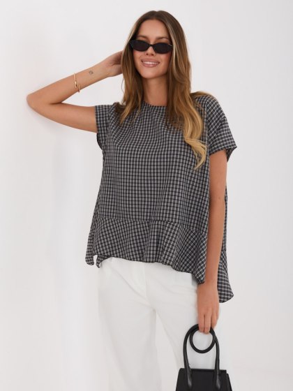 Czarna bluzka damska oversize w kratkę z falbaną – Italy Moda