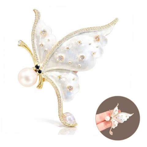Broszka ozdobna - MOTYL z perłą, biała masa perłowa z cyrkoniami BZ227