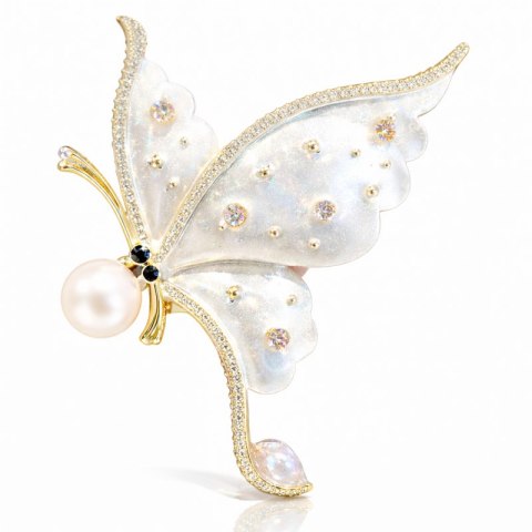 Broszka ozdobna - MOTYL z perłą, biała masa perłowa z cyrkoniami BZ227