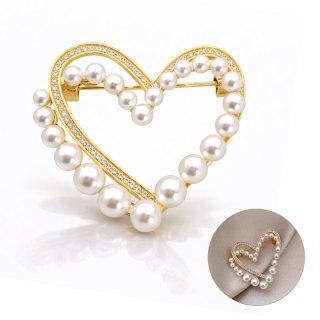 Broszka ozdobna - podwójne złote Serce z cyrkoniami i perłami BZ225