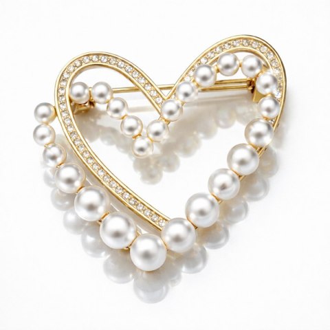 Broszka ozdobna - podwójne złote Serce z cyrkoniami i perłami BZ225
