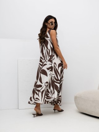 Brązowa sukienka maxi damska z wiskozy w roślinny print dekolt V – Italy Moda