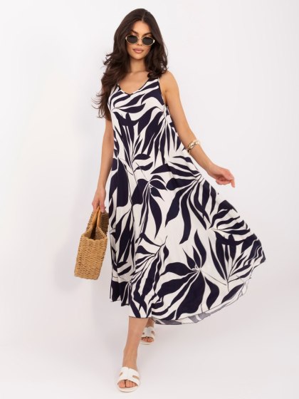 Granatowa sukienka maxi damska z wiskozy w print dekolt V – Italy Moda