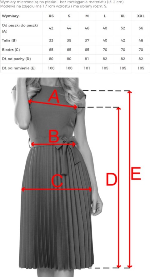 311-16 LILA Plisowana sukienka z krótkim rękawkiem i paskiem - CHABROWA - XL
