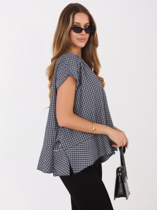 Granatowa bluzka damska w kratkę oversize z falbaną – Italy Moda