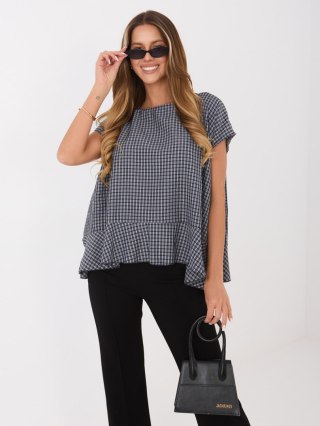 Granatowa bluzka damska w kratkę oversize z falbaną – Italy Moda