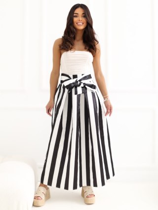 Ecru-czarna spódnica midi w paski z wiązaniem i paskiem – MAYA