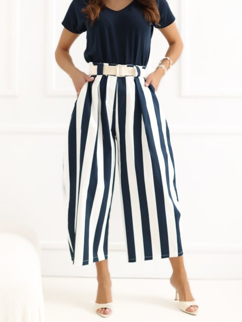 kuloty damskie ecru granatowe w paski szerokie nogawki 7/8