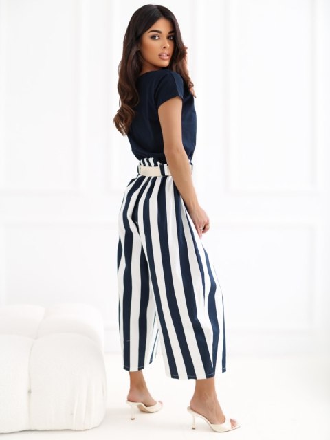 spodnie kuloty damskie w paski ecru granatowe styl lato