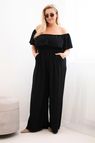 Kombinezon damski Plus Size z falbaną i krótkim rękawem czarny