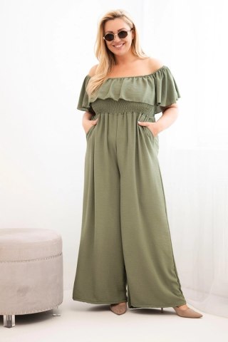 Kombinezon damski Plus Size z falbaną i krótkim rękawem khaki