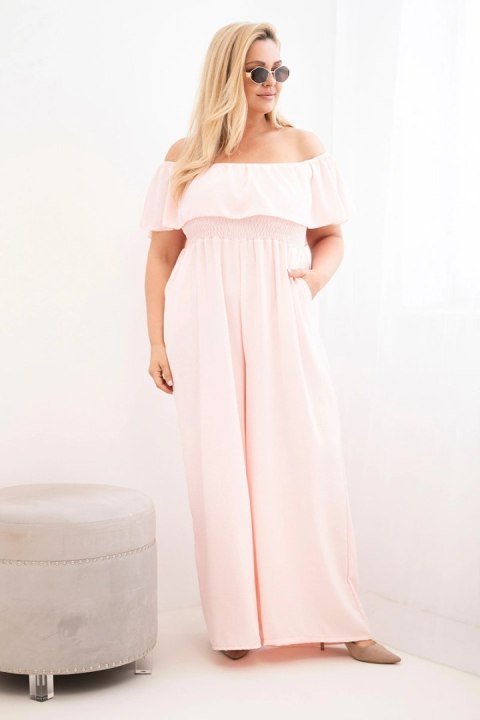 Kombinezon damski Plus Size z falbaną i krótkim rękawem pudrowy róż