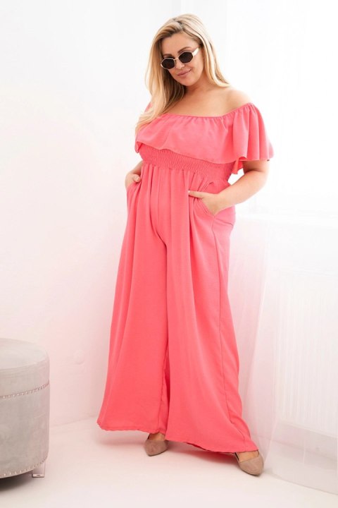 Kombinezon damski Plus Size z falbaną i krótkim rękawem różowy