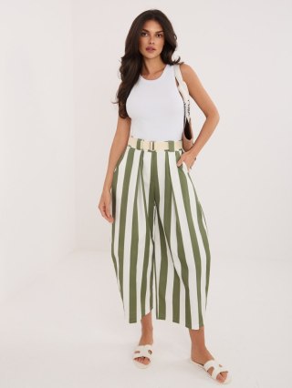 Ecru-khaki kuloty damskie w paski 7/8 z paskiem MAYA – bawełniane szerokie spodnie letnie casual