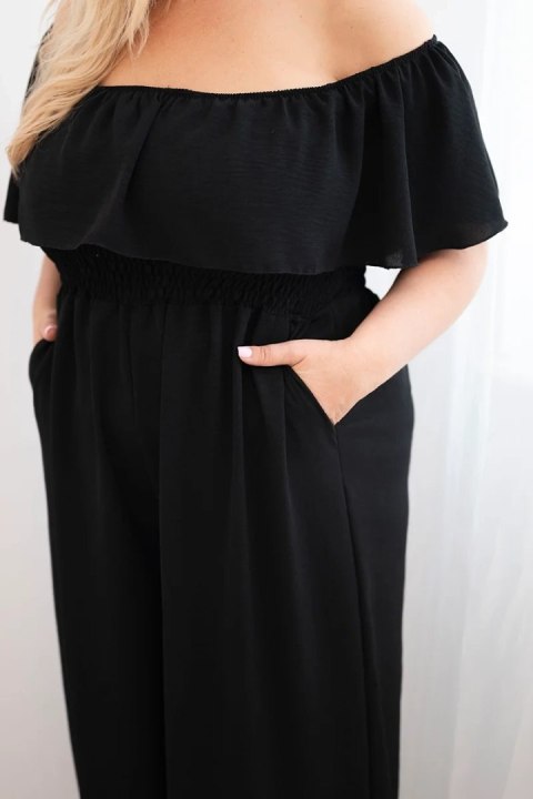 Kombinezon damski Plus Size z falbaną i krótkim rękawem czarny
