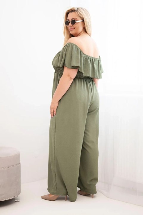 Kombinezon damski Plus Size z falbaną i krótkim rękawem khaki