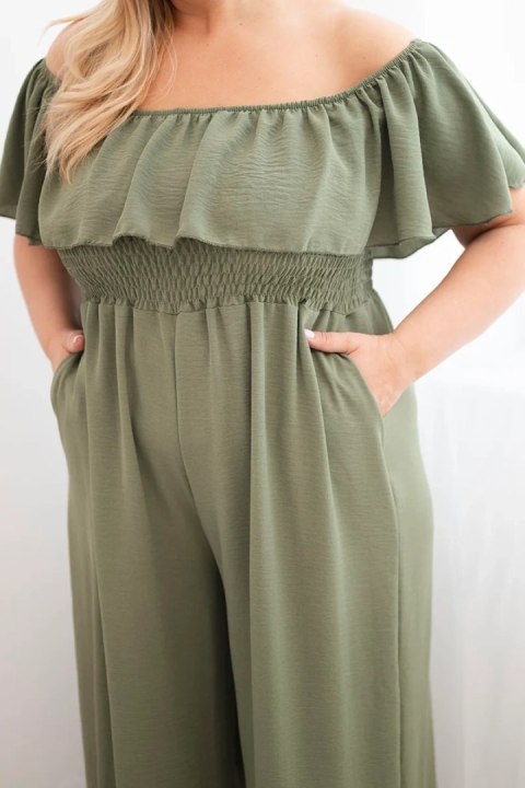 Kombinezon damski Plus Size z falbaną i krótkim rękawem khaki