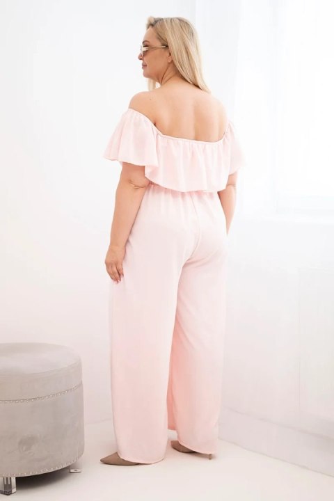 Kombinezon damski Plus Size z falbaną i krótkim rękawem pudrowy róż