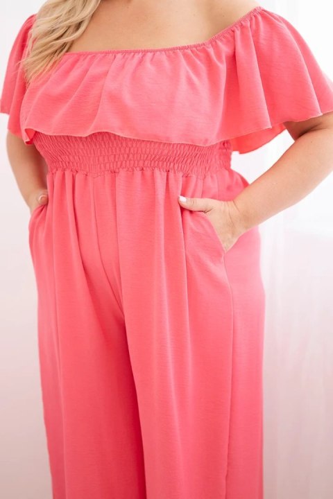 Kombinezon damski Plus Size z falbaną i krótkim rękawem różowy