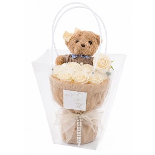 Flower box, bukiet zapachowych kwiatów mydlanych z MISIEM, LED 8szt. BUK31B