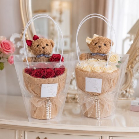 Flower box, bukiet zapachowych kwiatów mydlanych z MISIEM, LED 8szt. BUK31B