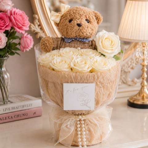 Flower box, bukiet zapachowych kwiatów mydlanych z MISIEM, LED 8szt. BUK31B