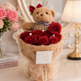 Flower box, bukiet zapachowych kwiatów mydlanych z MISIEM, LED 8szt. BUK31CZE