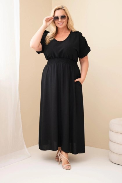 Czarna Sukienka Maxi Plus Size z Marszczoną Talią