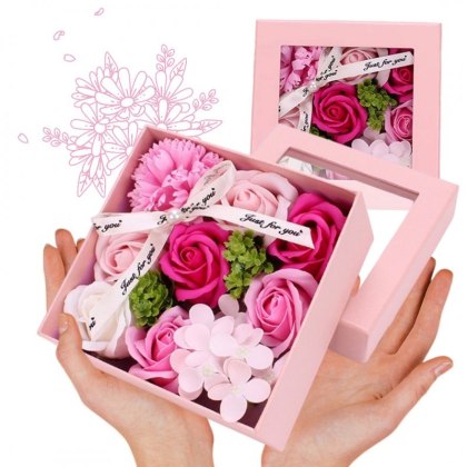 Bukiet zapachowych kwiatów mydlanych w ozdobnym pudełku, flower box BUK02R