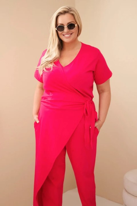 Kombinezon damski bawełniany Plus Size z wiązaniem w pasie fuksja