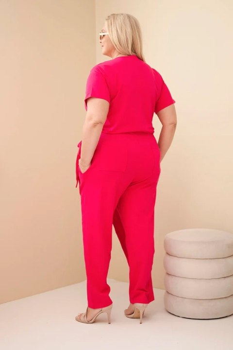 Kombinezon damski bawełniany Plus Size z wiązaniem w pasie fuksja