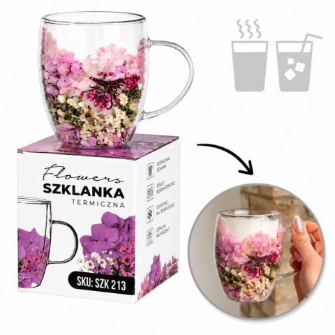 Szklanka termiczna z kwiatami w środku, wrzos, różowa hortensja 300 ml 1szt SZK213