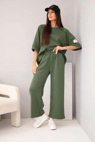 Komplet Damski Masełkowy Khaki z Wiskozy – Bluza i Szerokie Spodnie