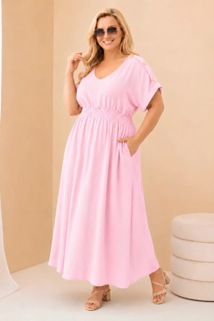 Jasnoróżowa Sukienka Maxi Plus Size z Marszczoną Talią