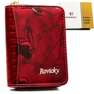 Czerwony portfel damski ze skóry naturalnej z systemem RFID, zamykany suwakiem i zatrzaskiem - Rovicky