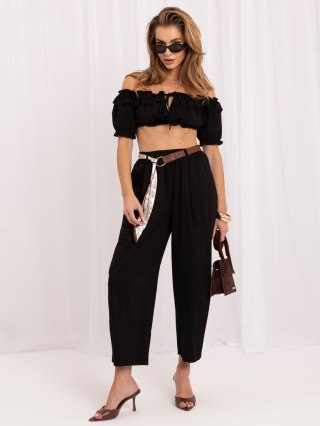 Czarne spodnie damskie 7/8 z wysokim stanem i paskiem apaszka ITALY MODA
