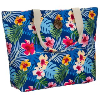 Duża Shopperka Damska w Tropikalne Kwiaty Hibiskusa A4 z Zamkiem – Niebieska Torba Plażowa