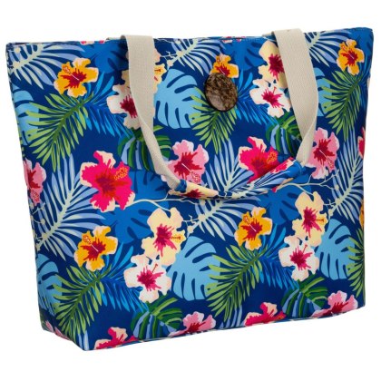 Duża Shopperka Damska w Tropikalne Kwiaty Hibiskusa A4 z Zamkiem – Niebieska Torba Plażowa
